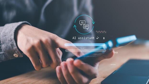 Modern AI assistant app on mobile phone, smart chatbot technology for voice and text communication, multilingual translation, digital innovation, intelligent personal assistant concept. photo