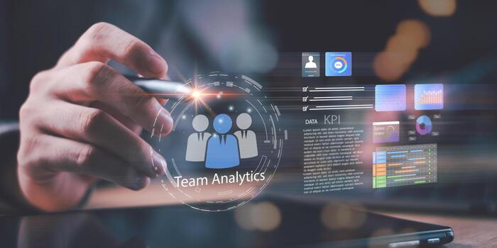 Team analytics dashboard with KPI metrics, workforce performance tracking, and smart data visualization. Ideal for HR analytics, employee management, and business intelligence platforms. photo