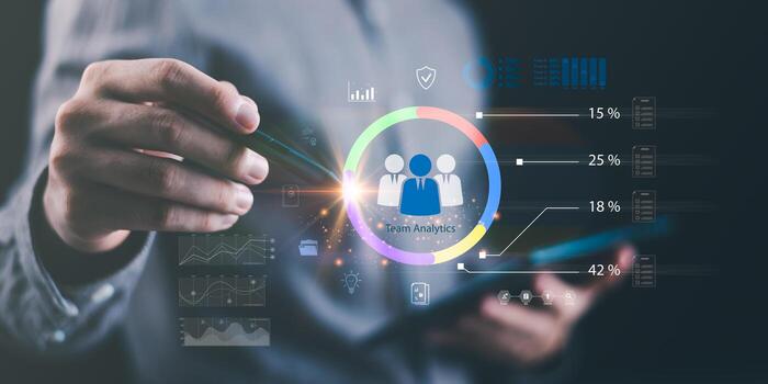 Team analytics concept illustrating digital workforce performance tracking, data-driven collaboration, and smart resource management for enterprise optimization and HR tech solutions. photo