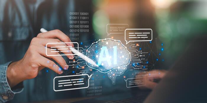 artificial inteligencia concepto con digital cerebro, chatbot comunicación, futurista datos red, simbolizando ai innovación, automatización, y inteligente tecnología para negocio y creativo soluciones foto