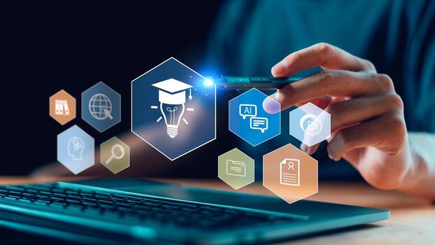 Modern digital education concept with virtual interface, AI tools, online courses, certification icons, and multimedia learning resources, ideal for e-learning, training platforms, academic systems photo