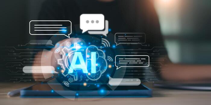 Artificial intelligence and machine learning concept with AI chatbot technology on touchscreen device. Digital transformation, smart automation, and natural language processing interface. photo