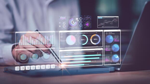 Futuristic business analytics concept showing data visualization dashboards for smart decision-making. Ideal for topics related to big data, data science, and digital transformation in business. photo