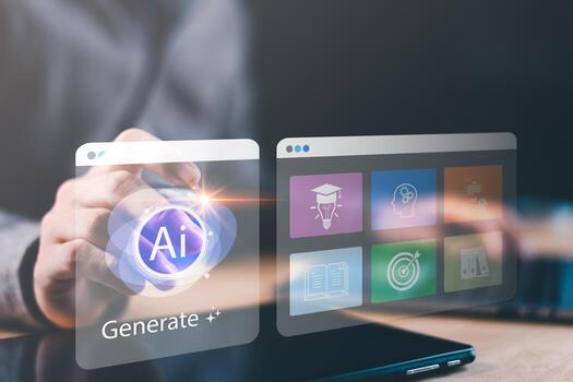 Artificial intelligence in digital education ,smart content creation, featuring futuristic UI with AI generate button ,educational icons representing e-learning, knowledge, achievement, virtual tools photo