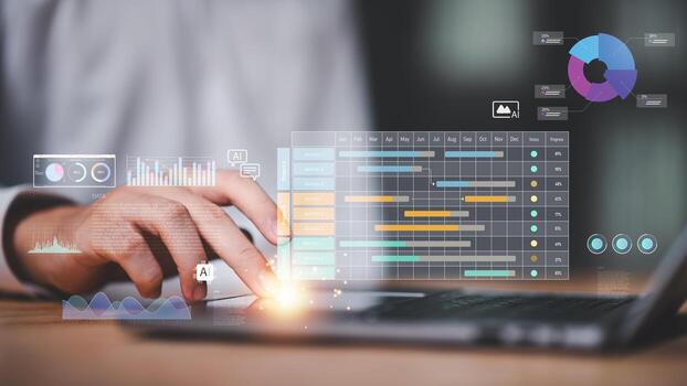 AI-powered project scheduling interface with interactive data visualization and performance tracking. Perfect for agile management, digital workflows, and intelligent business planning content. photo