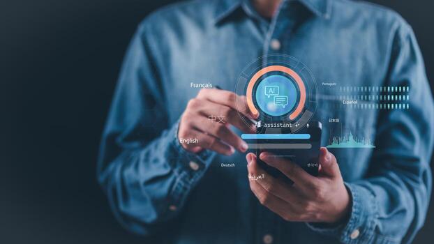 Futuristic AI assistant on smartphone screen, advanced chatbot technology for multilingual communication, voice recognition, mobile interface, innovation in digital interaction and smart automation. photo