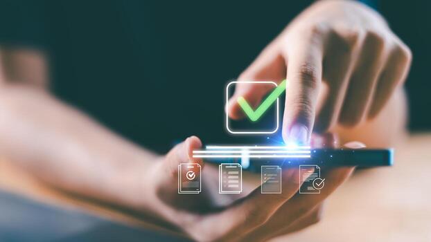 Digital transformation concept showcasing innovation, security, and technology efficiency with mobile verification, symbolizing trust, approval, and successful online authentication. photo