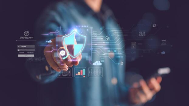 Advanced cybersecurity system with secure login authentication, shield protection, encrypted digital network, cloud technology defense, and innovative IT solutions for online safety and data privacy. photo