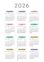2026 yearly calendar in modern minimal design with colorful month headers in French language. Printable annual planner template for office, school, personal organization. Full year view layout. vector