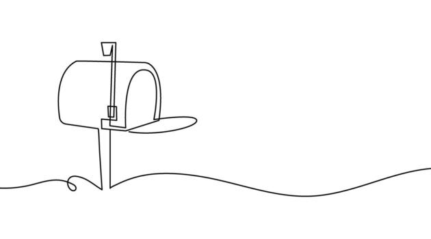 Mailbox with envelopes in continuous one line drawing. Minimal hand-drawn illustration. Simple linear design concept related to mailing, post, and communication. vector