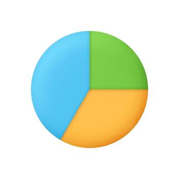 Pie chart with three segments in blue, green, and yellow. Business, financial report, statistics, data analytics, data visualization concept. 3d icon. Cartoon minimal style. vector