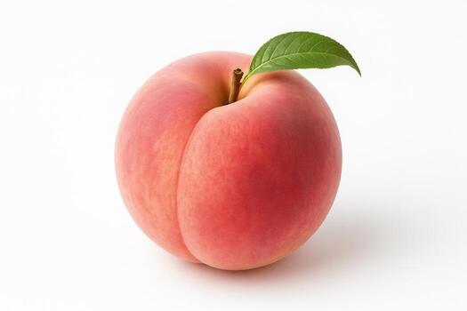 a peach with a leaf on it is on a white background photo