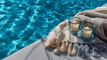 velas y un cobija en el borde de un nadando piscina con luz de sol. foto