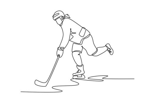 Single continuous line drawing active female ice hockey player is skating, stickhandling the puck. Athletic skill, speed, and energetic action. Dynamic one line draw graphic design illustration vector