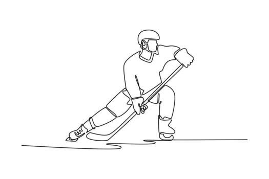 Single one line drawing young attractive man skating, representing the agility, power, skill, and graceful movement of ice hockey player. Modern continuous line draw design graphic illustration vector