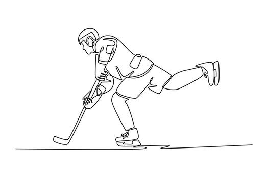 Single one line drawing young active man skating, representing the agility, power, and graceful movement of a professional hockey player. Modern continuous line draw design graphic illustration vector