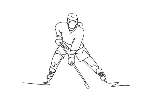 soltero continuo línea dibujo frente ver hembra hielo hockey jugador en un ancho, bajo postura. simbolizando fuerza, atlético habilidad, y listo acción. dinámica uno línea dibujar gráfico diseño ilustración vector