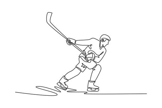 Continuous one line drawing man ice hockey player in powerful low stance with his stick, symbolizing aggressive action, focus, and athletic skill. Single line draw design graphic illustration vector