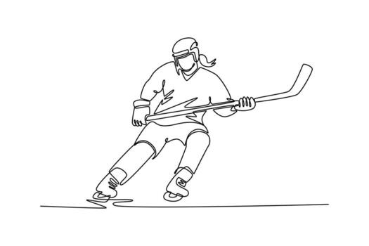 Single continuous line drawing front view attractive female ice hockey player is skating. Representing agility, power, and graceful movement. Dynamic one line draw graphic design illustration vector