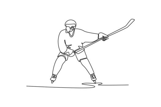 Single one line drawing front view of male ice hockey player in powerful stance with helmet and stick. Aggressive action, focus, athletic skill. Continuous line draw design graphic illustration vector