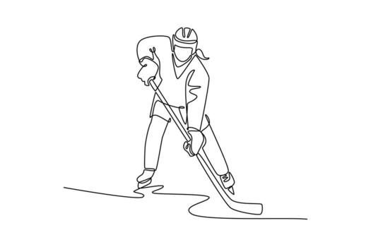 Single continuous line drawing female ice hockey player in dynamic skating motion, stickhandling the puck. Athletic skill, speed, and energetic action. One line draw graphic design illustration vector