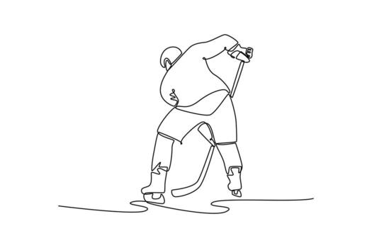 Single one line drawing male ice hockey player in powerful low stance with his stick. Symbolizing aggressive action, focus, and athletic skill. Continuous line draw design graphic illustration vector