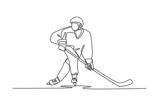 Continuous one line drawing male ice hockey player in dynamic skating motion, stickhandling puck, symbolize athletic skill, speed, energetic action. Single line draw design graphic illustration vector