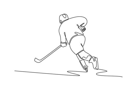 Single one line drawing back view male ice hockey player in powerful run stance with his stick. Symbolizing aggressive action, focus, balance. Continuous line draw design graphic illustration vector