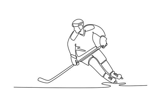 Continuous one line drawing young man ice hockey player is skating in indoor arena. Representing agility, power, and graceful movement at the game. Single line draw design graphic illustration vector