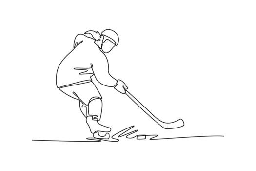 Continuous one line drawing female ice hockey player stickhandling a puck. Symbolizing athletic skill, speed, and the energetic action of the game. Single line draw design graphic illustration vector