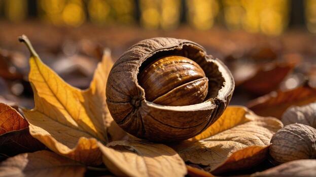 Close-up of a cracked walnut resting on autumn leaves in a serene forest setting with blurred trees photo