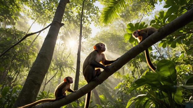 Three monkeys playfully interact on a tree branch in a lush jungle, with sunlight filtering through leaves photo