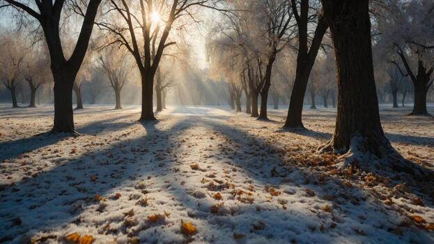 Serene winter landscape with sun rays filtering through trees in a snowy park, creating shadows photo