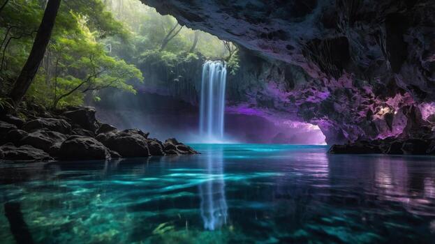 Serene waterfall cascading into a tranquil pool surrounded by lush greenery in a mystical cave photo