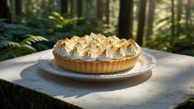 un hermosamente hecho a mano limón merengue tarta se sienta en un blanco plato en un sereno bosque configuración, con luz de sol filtración mediante el árboles, creando un calentar y atractivo atmósfera foto