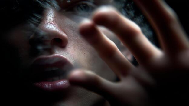Expression of isolation captured through close-up of a person with hands reaching out in a dark environment photo
