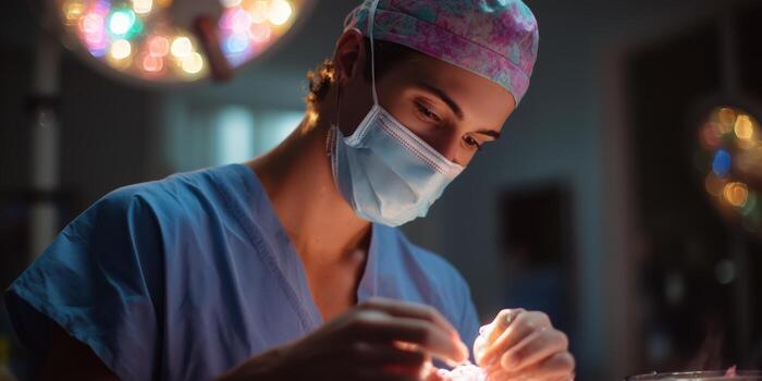 Surgeon performs delicate procedure in operating room with focused attention and precise skill photo