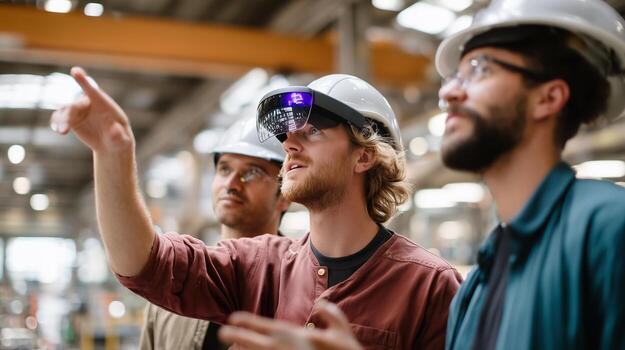 Workers in a manufacturing facility utilizing augmented reality technology for training and collaboration photo