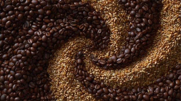 Coffee beans and grains create a swirling pattern in a close-up view of assorted seeds on a textured surface photo