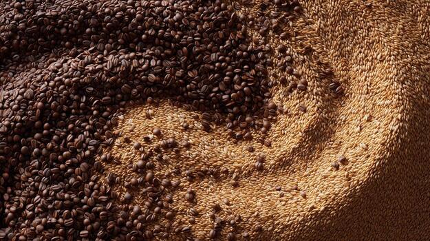 Close-up view of roasted coffee beans intertwined with grains, showcasing texture and color patterns on a natural background photo