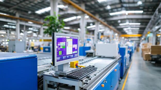 Factory interior showing computer workstation in production area with machinery in background and efficient organization photo