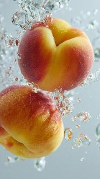 Fresh peaches submerged in clear water, creating bubbles and a refreshing effect photo