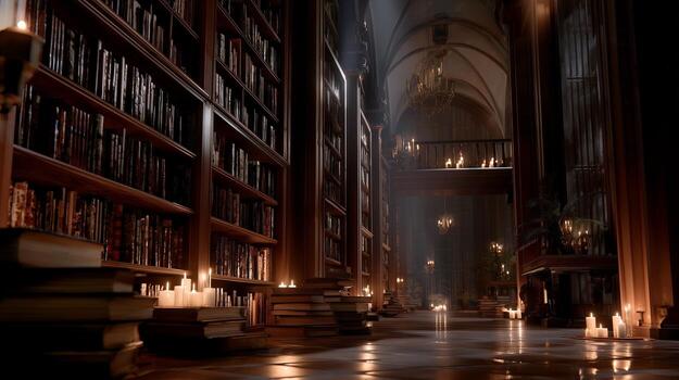 Mysterious library illuminated by candles in an ancient castle at dusk creating an enchanting atmosphere photo