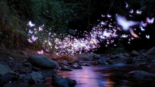 Swarm of luminescent butterflies dancing over a tranquil stream in a lush forest setting during twilight photo