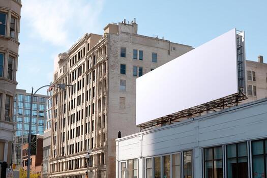 Urban setting with an empty billboard and historical architecture under a clear blue sky during the day photo