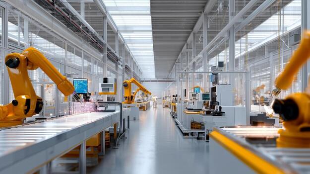 Modern industrial factory with robotic arms performing automated assembly tasks in a well-lit environment photo