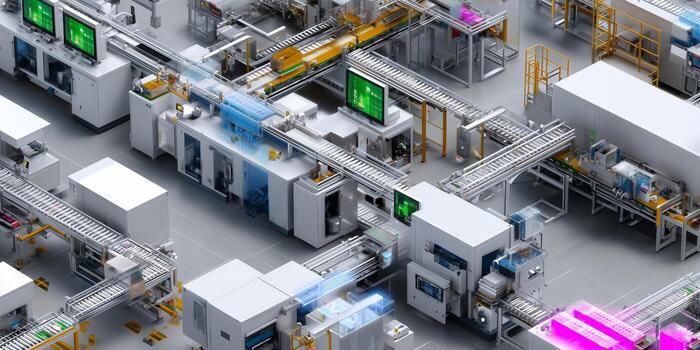 Modern automated factory layout displaying advanced machinery and conveyor systems in operation photo