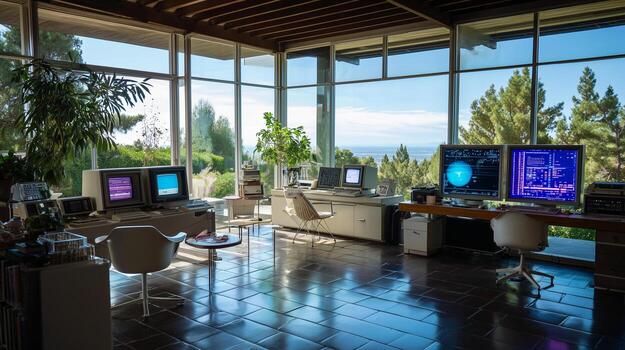 Modern workspace featuring multiple computers with large windows overlooking a scenic landscape during the day photo