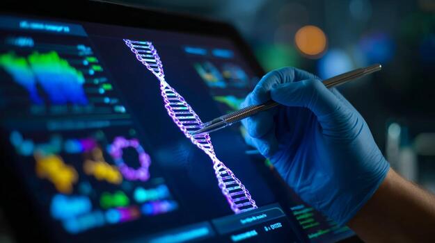 Researcher analyzes DNA sequence data on a digital interface in a laboratory setting during evening hours photo
