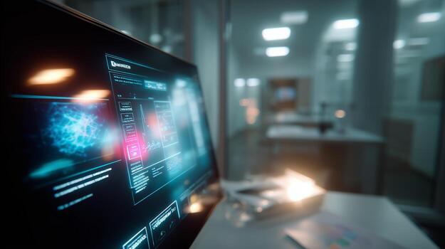 Detailed dashboard monitoring computer data in a modern office setting during the evening hours photo